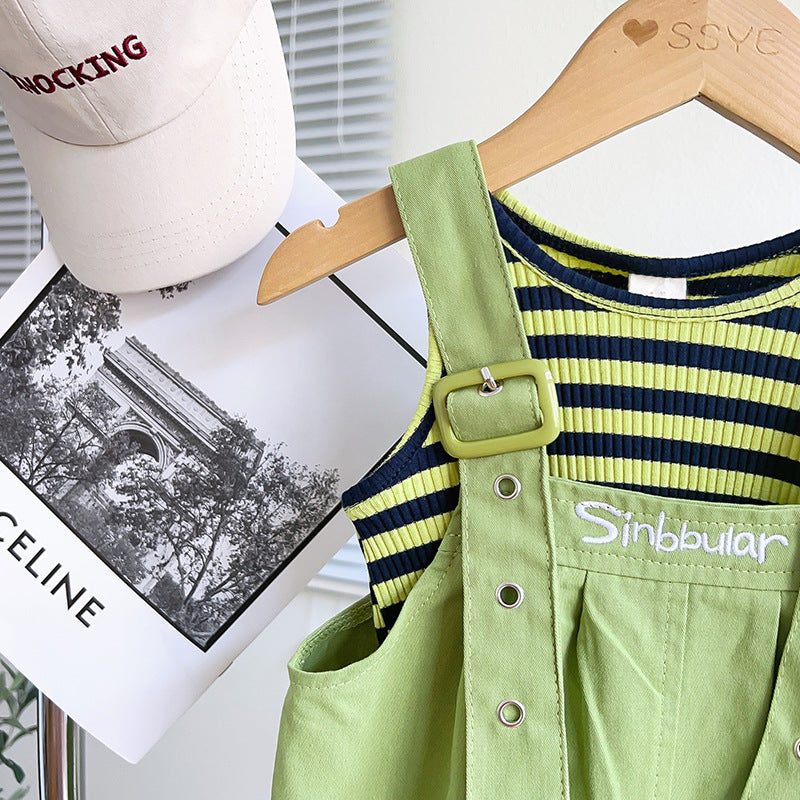 Girls Green & Blue Striped Pure Cotton Top with Trousers
