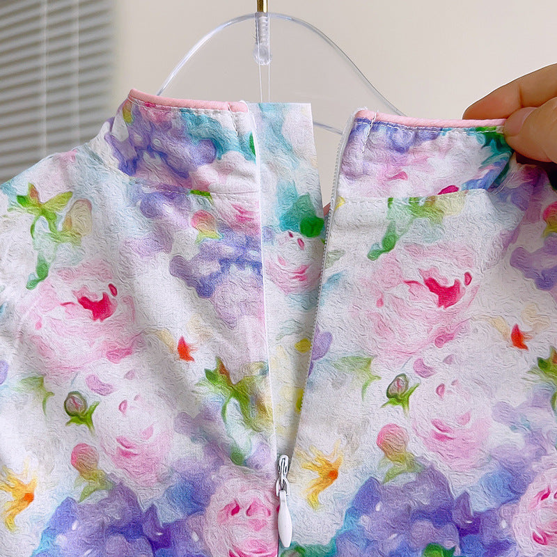 Floral Print Applique A-Line Dress