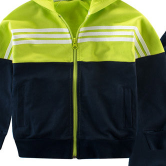 Boys Green & Black Colourblocked Hooded Pure Cotton Coat with Jogger