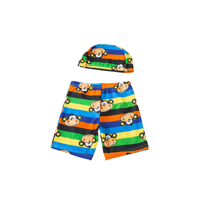 Blue Boys Printed Swim Shorts With Swim Cap