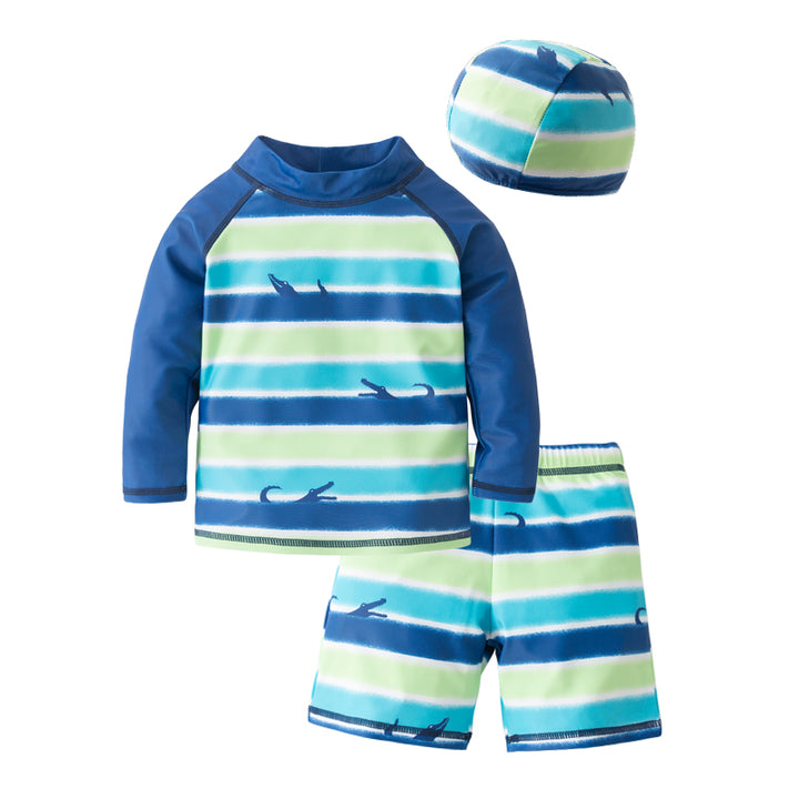 Blue & Green Boys Striped Swim Set With Cap