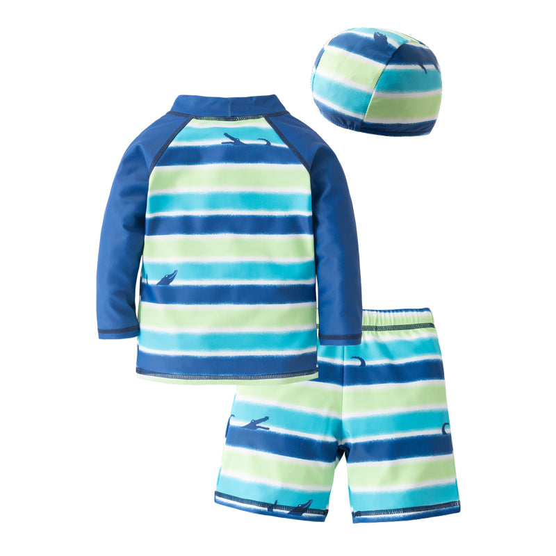 Blue & Green Boys Striped Swim Set With Cap