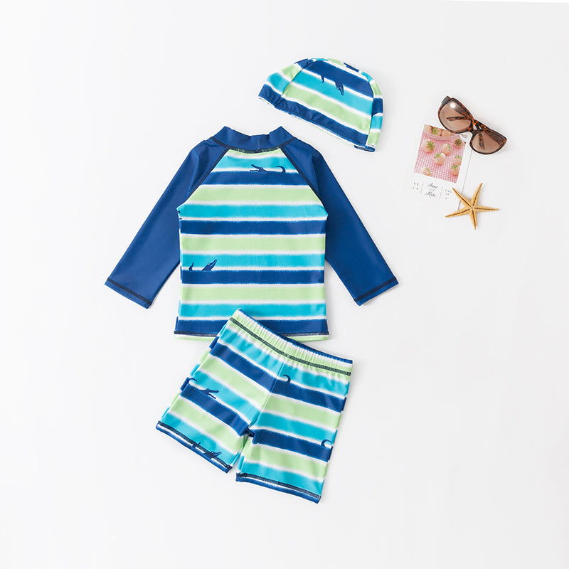 Blue & Green Boys Striped Swim Set With Cap