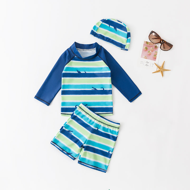 Blue & Green Boys Striped Swim Set With Cap