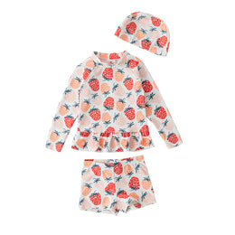 Pink Girls Strawberry Printed Medium Coverage  Cover-Up Dress With Cap