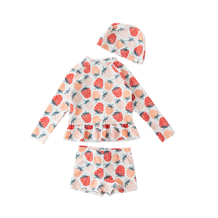 Pink Girls Strawberry Printed Medium Coverage  Cover-Up Dress With Cap