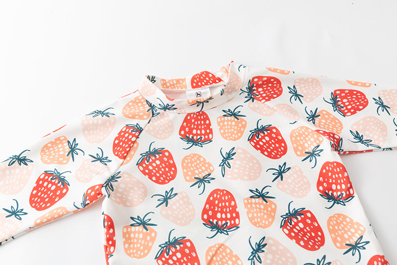 Pink Girls Strawberry Printed Medium Coverage  Cover-Up Dress With Cap