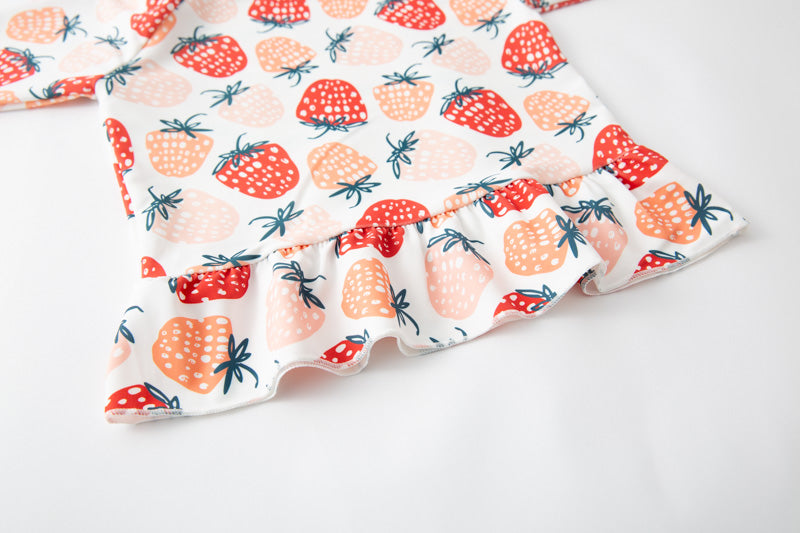 Pink Girls Strawberry Printed Medium Coverage  Cover-Up Dress With Cap