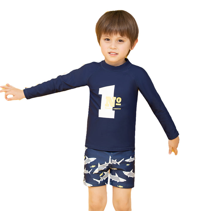 Boys Navy Blue Conversational Printed Swim Set