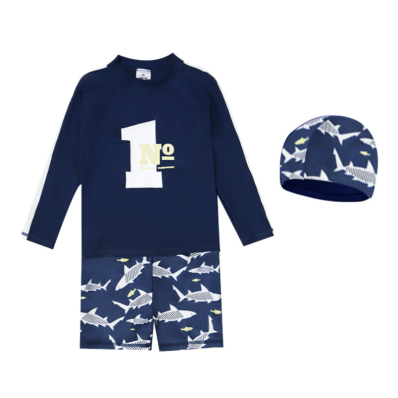 Boys Navy Blue Conversational Printed Swim Set