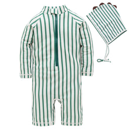 Green Boys Striped Swim Bodysuit With Cap