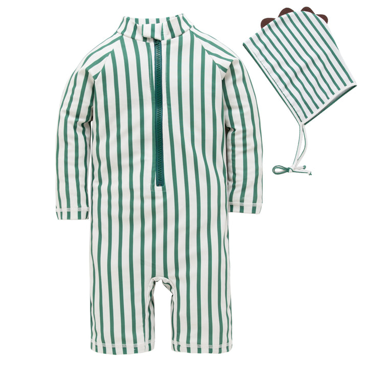 Green Boys Striped Swim Bodysuit With Cap