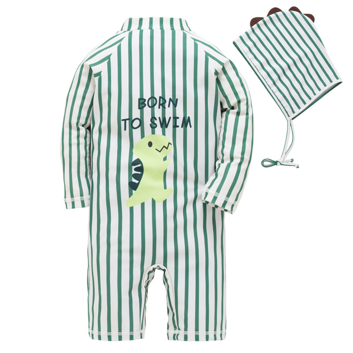 Green Boys Striped Swim Bodysuit With Cap