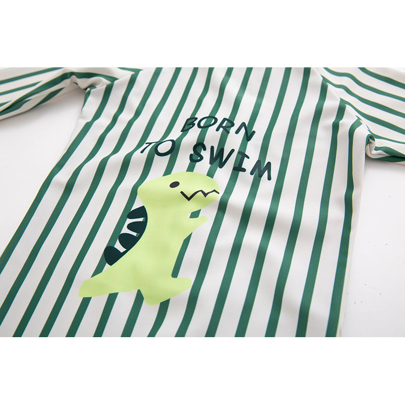 Green Boys Striped Swim Bodysuit With Cap