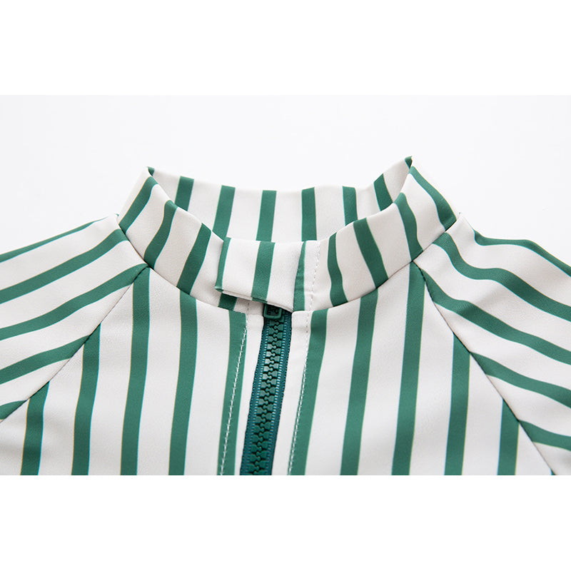 Green Boys Striped Swim Bodysuit With Cap