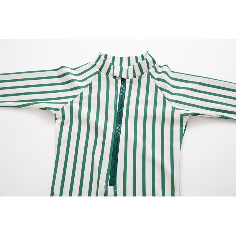 Green Boys Striped Swim Bodysuit With Cap