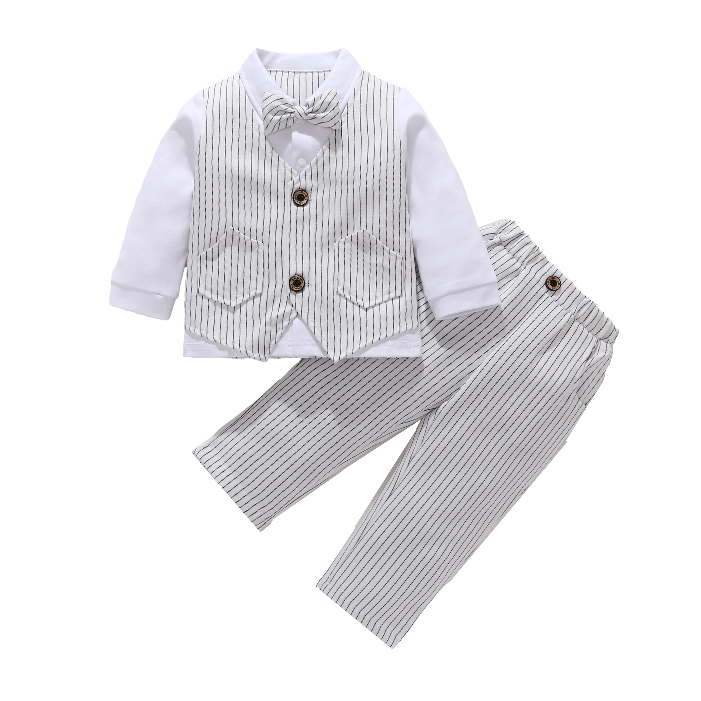 Boys White Striped Cotton 3 Piece Suit