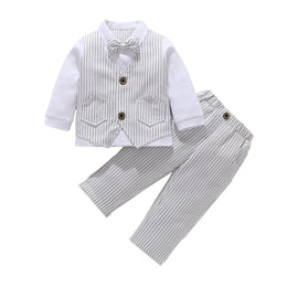 Boys White Striped Cotton 3 Piece Suit