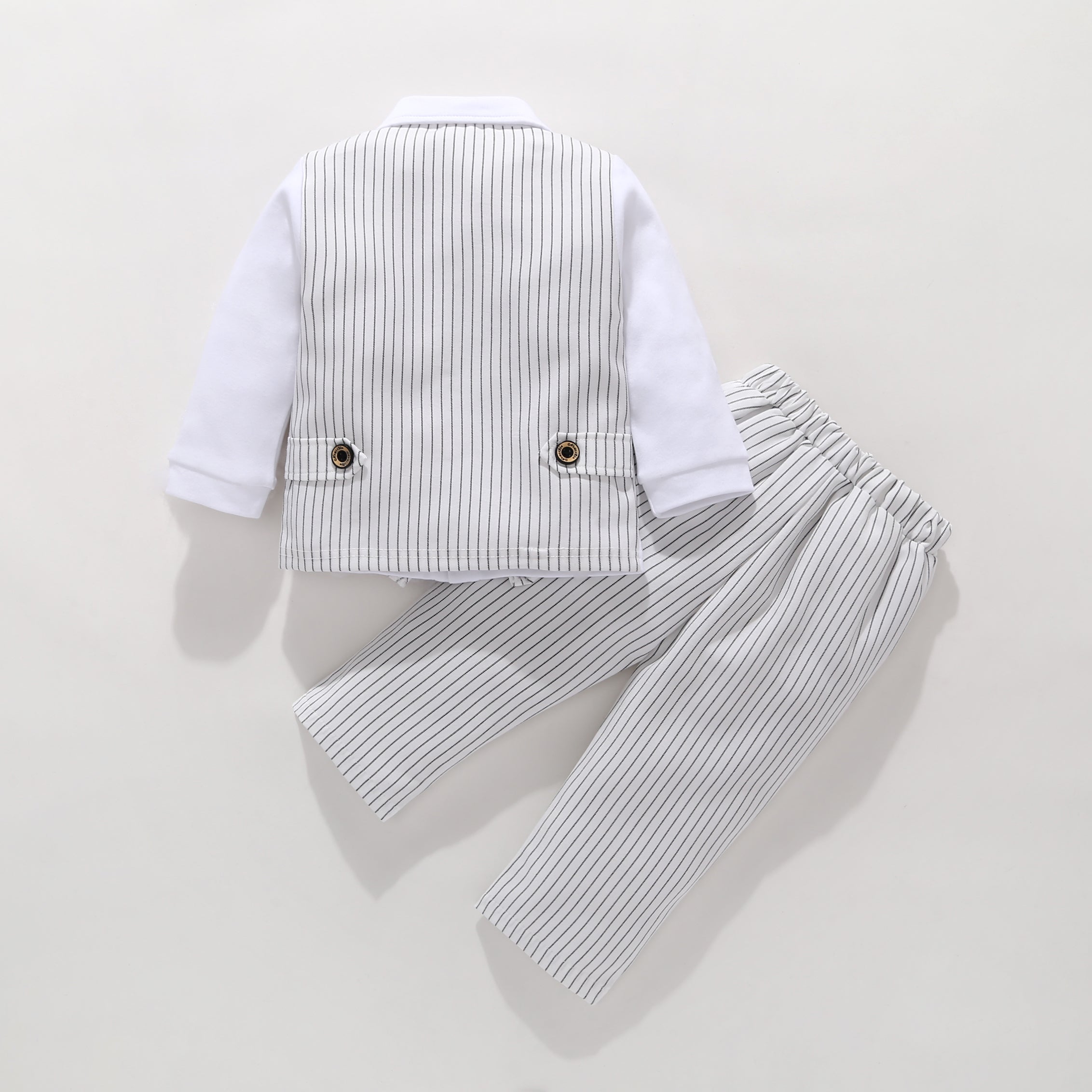 Boys White Striped Cotton 3 Piece Suit