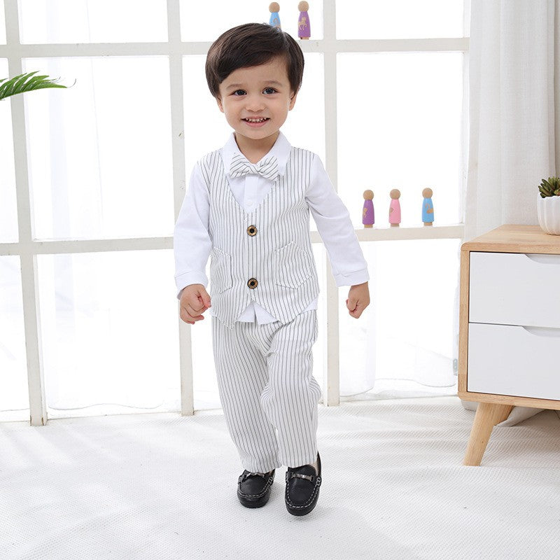 Boys White Striped Cotton 3 Piece Suit