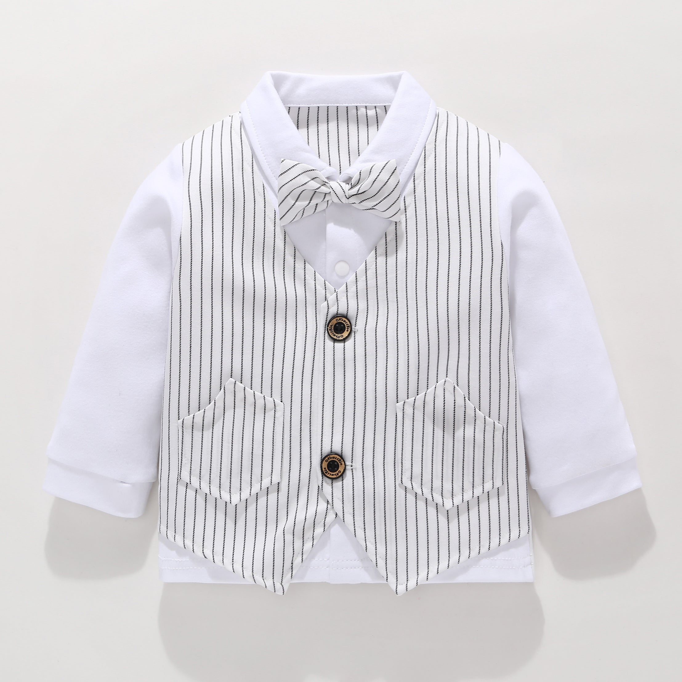 Boys White Striped Cotton 3 Piece Suit