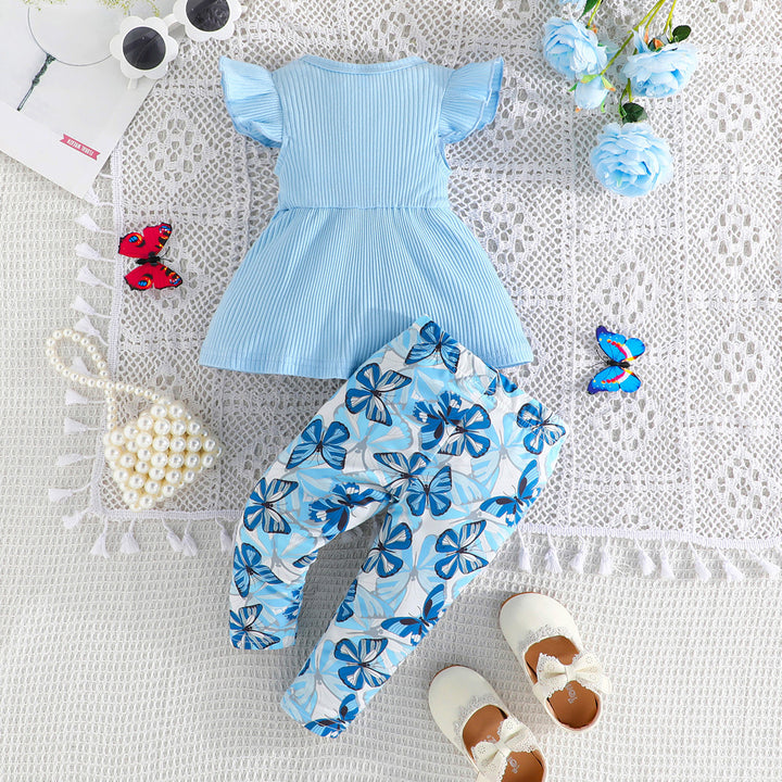 Blue Girls Printed Pure Cotton Top with Trousers