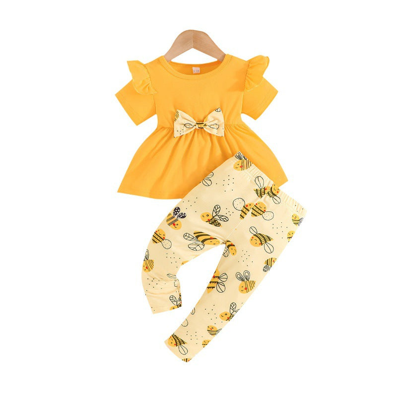 Girls Solid Top with Printed Trousers