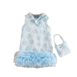 Girls Blue Round Neck Sleeveless Ruffled Drop-Waist Dress