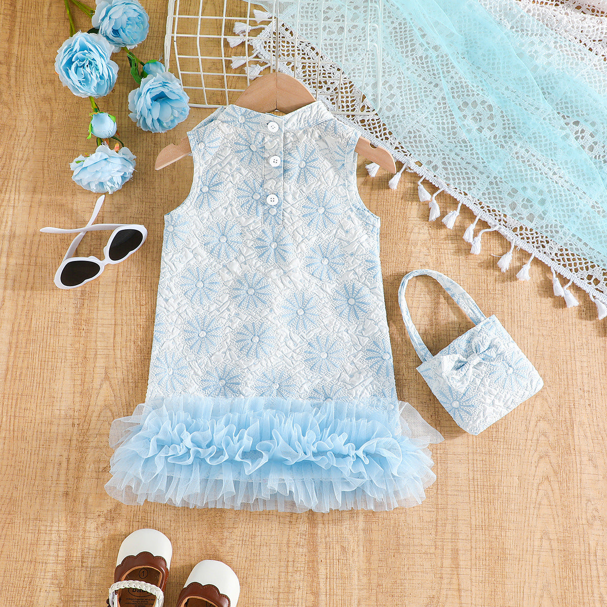 Girls Blue Round Neck Sleeveless Ruffled Drop-Waist Dress