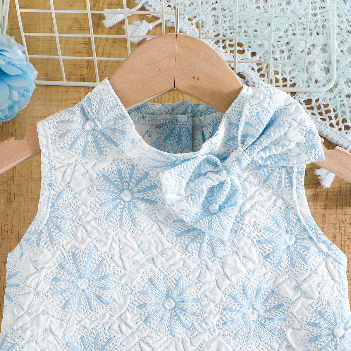 Girls Blue Round Neck Sleeveless Ruffled Drop-Waist Dress