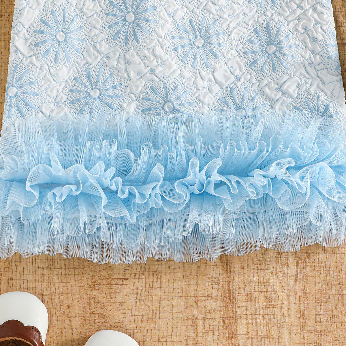 Girls Blue Round Neck Sleeveless Ruffled Drop-Waist Dress