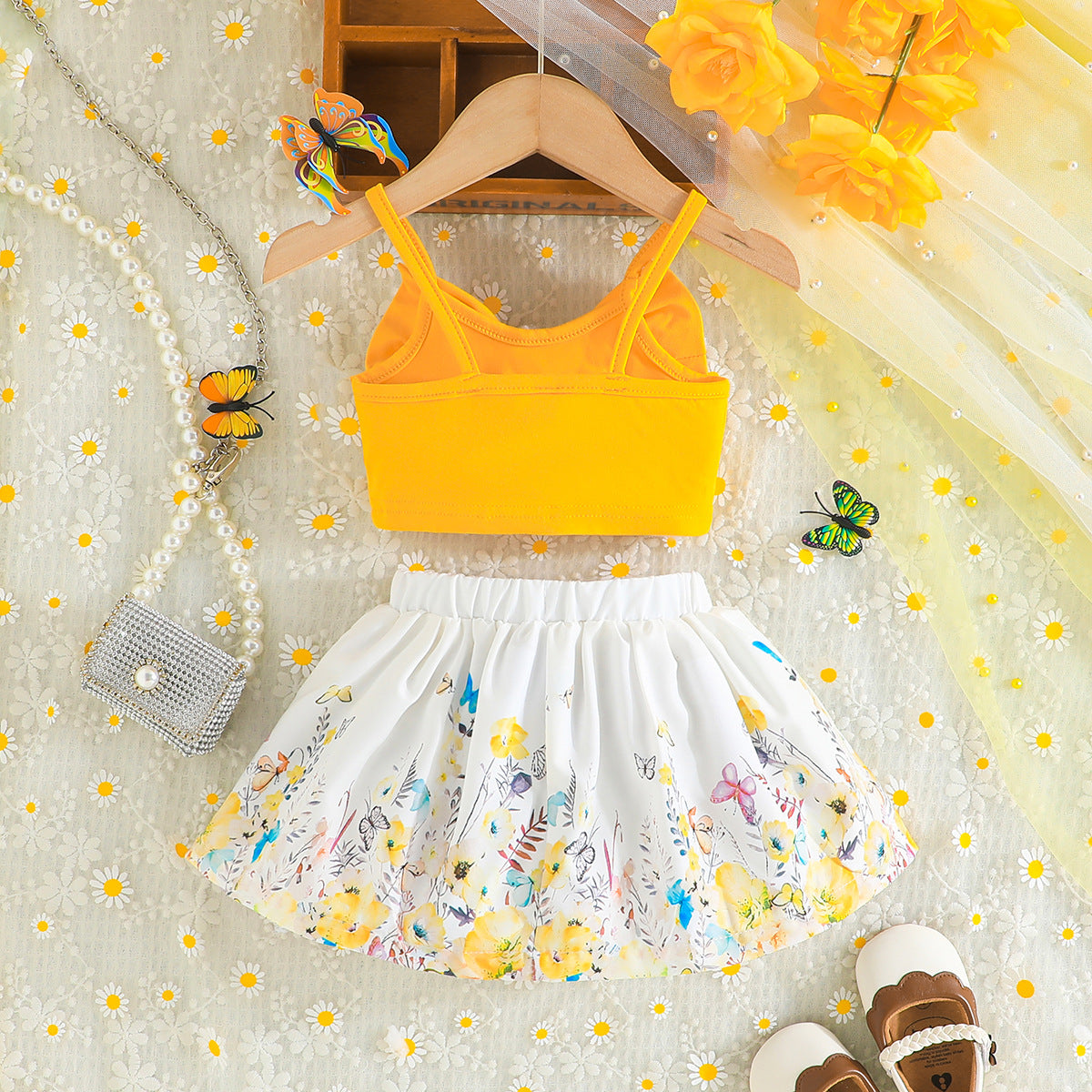 Girls Shoulder Straps Top with Skirt