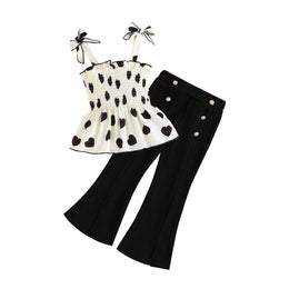 Girls Polka Dot Printed Shoulder Strap Smocked Top With Trousers