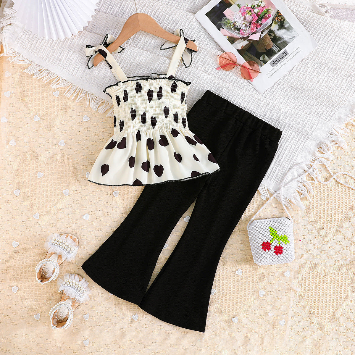 Girls Polka Dot Printed Shoulder Strap Smocked Top With Trousers