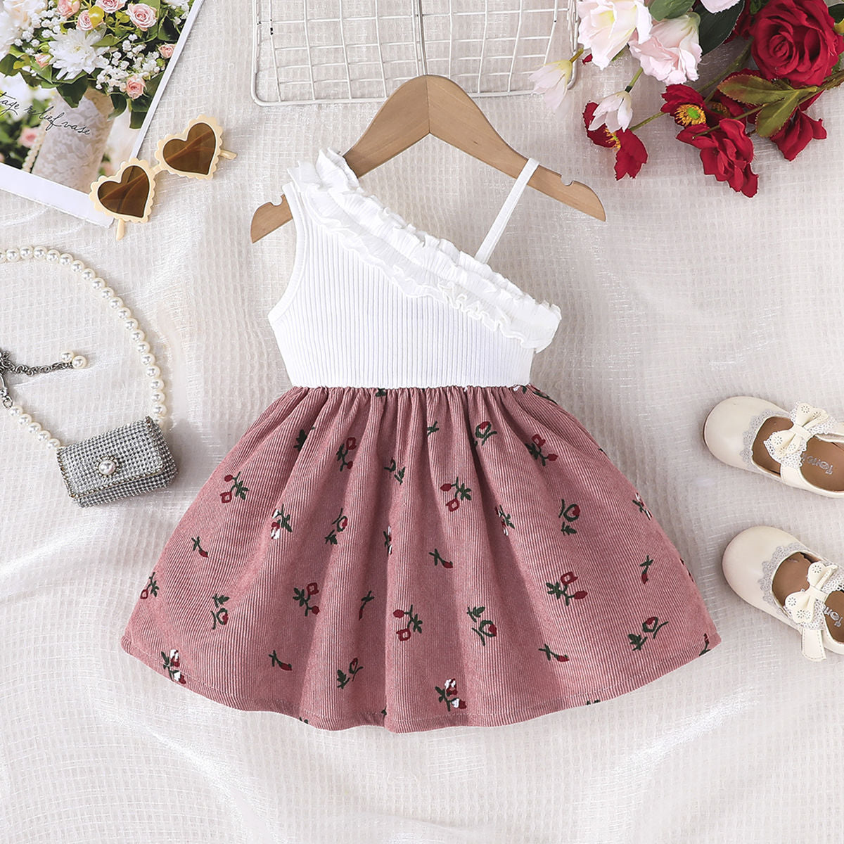 Floral Print One Shoulder Applique A-Line Mini Dress