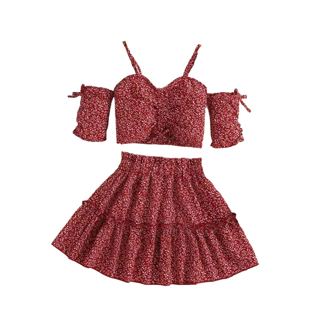 Girls Red & Cream Shoulder Straps Printed Top with Skirt