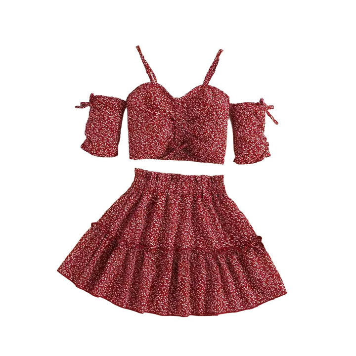 Girls Red & Cream Shoulder Straps Printed Top with Skirt