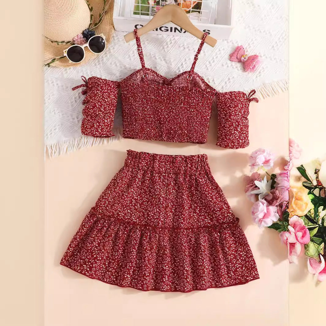Girls Red & Cream Shoulder Straps Printed Top with Skirt
