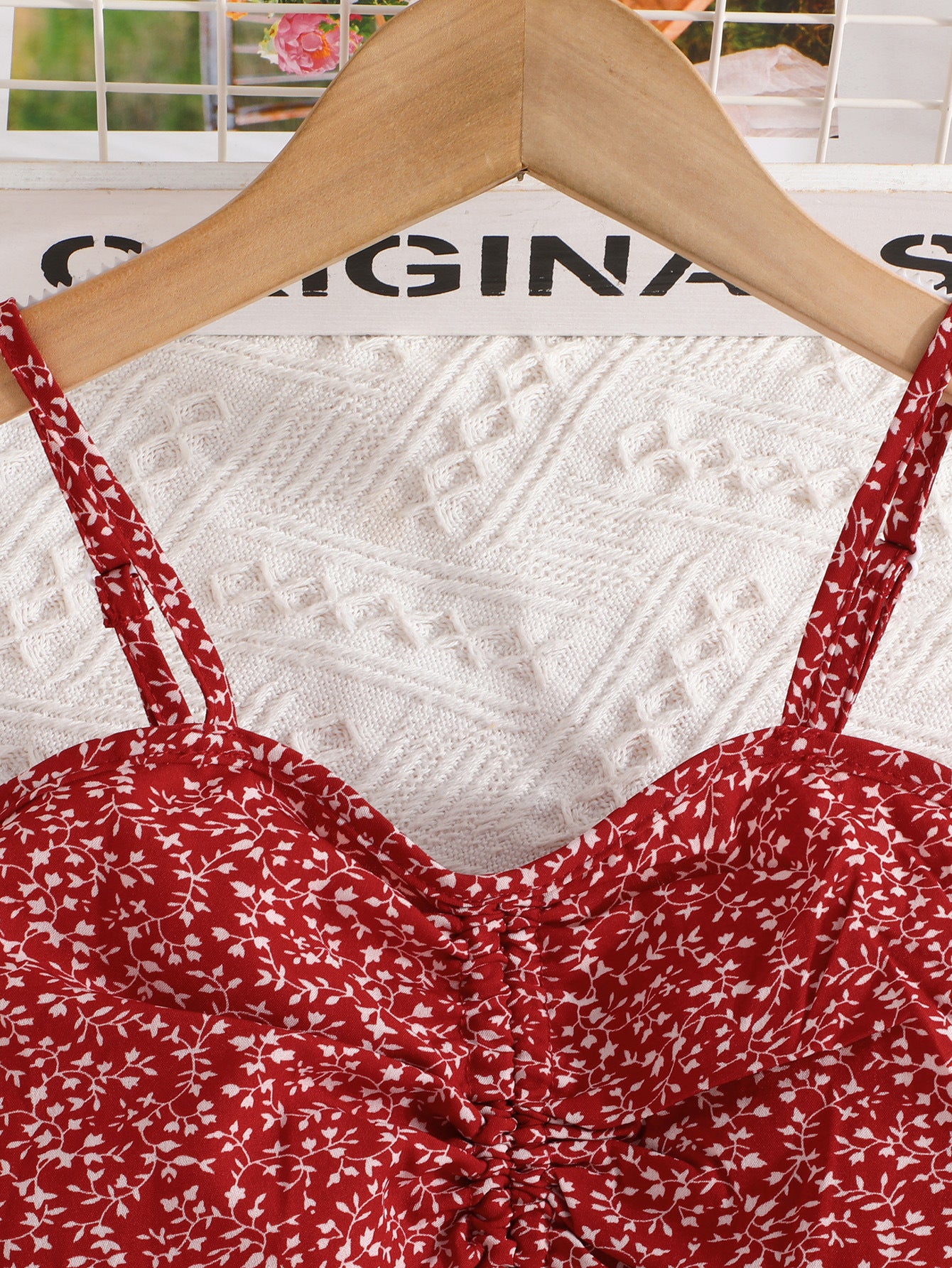 Girls Red & Cream Shoulder Straps Printed Top with Skirt
