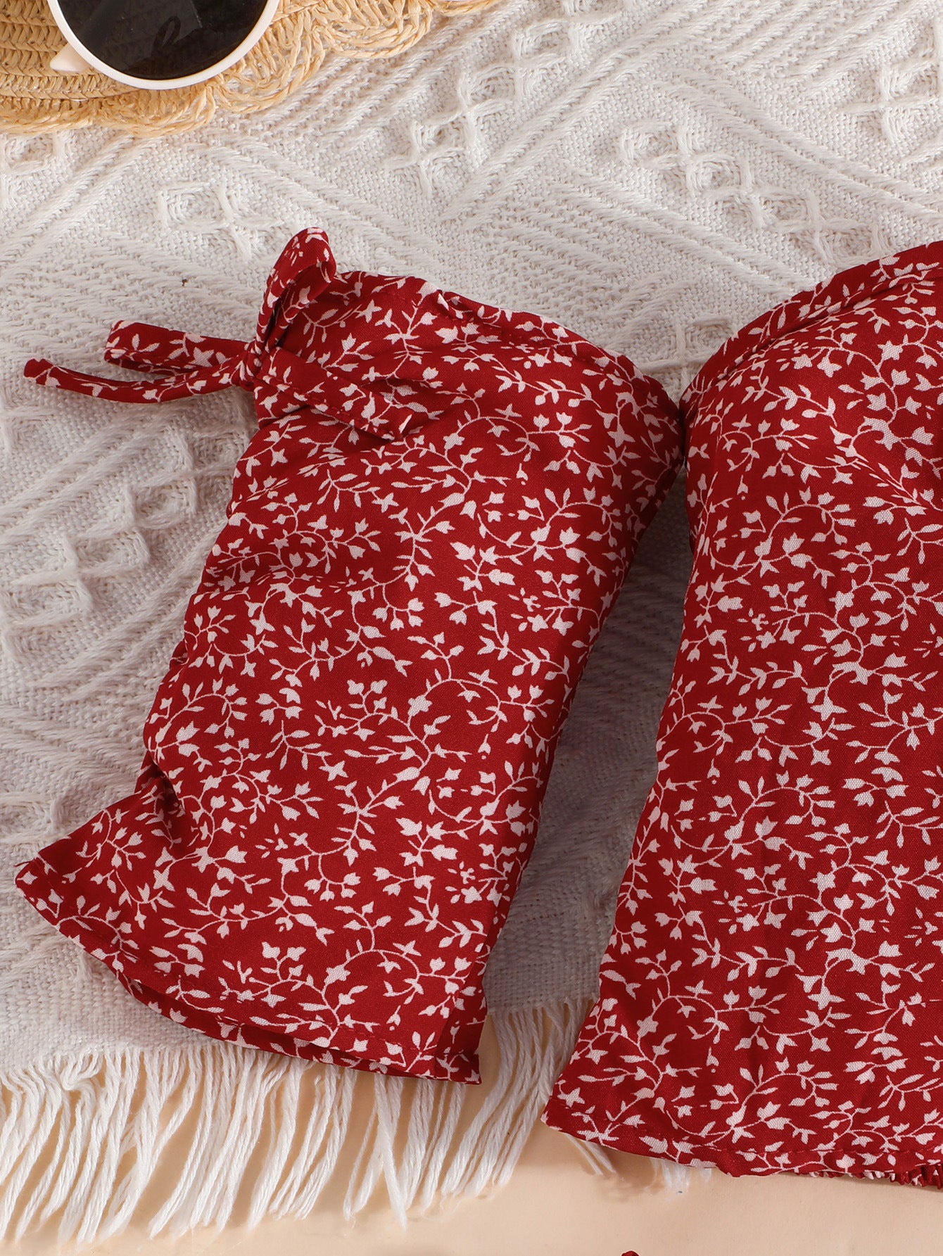 Girls Red & Cream Shoulder Straps Printed Top with Skirt