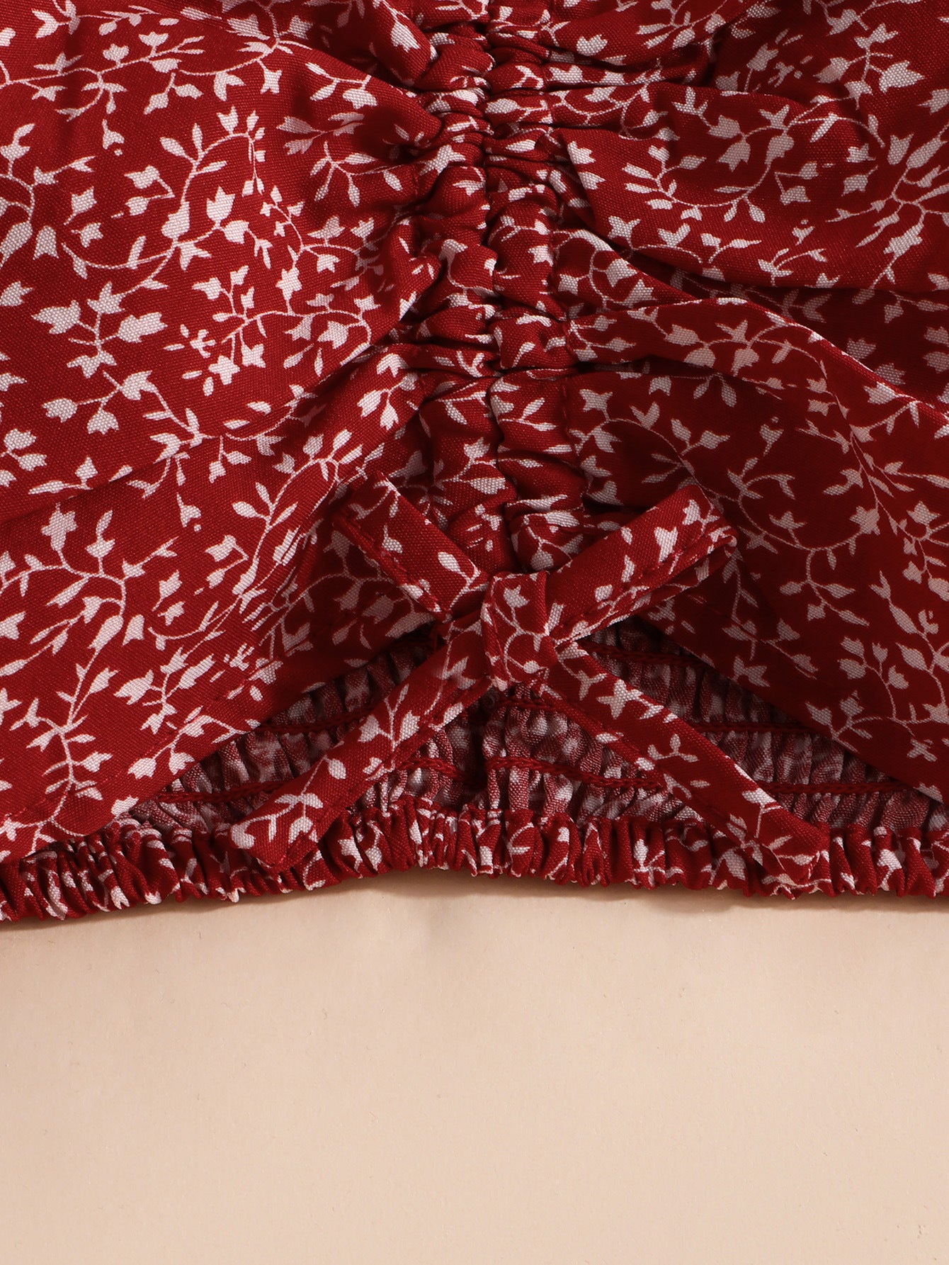 Girls Red & Cream Shoulder Straps Printed Top with Skirt