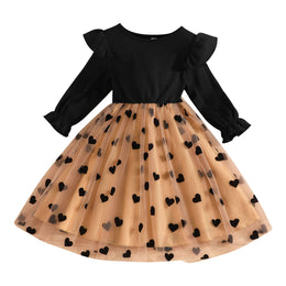 Beige & Black Girls Conversational Printed Puff Sleeve Fit & Flare Dress