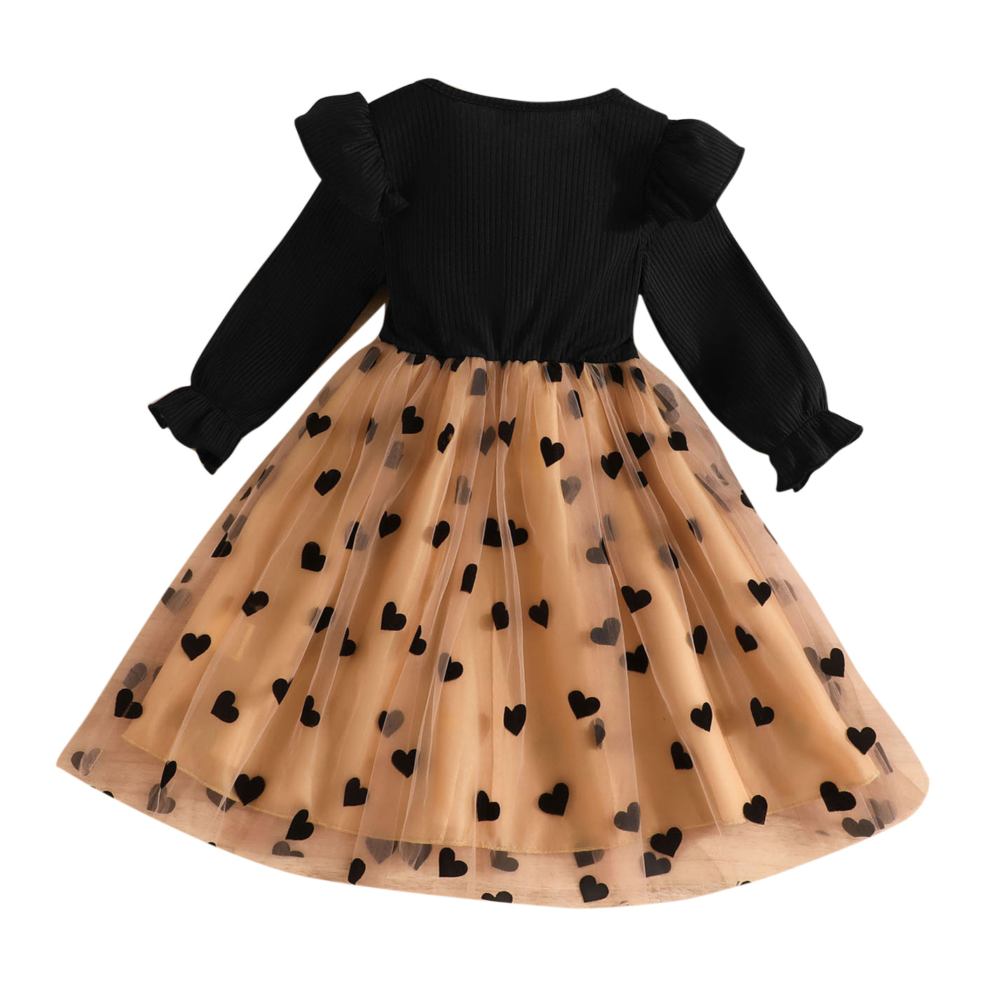 Beige & Black Girls Conversational Printed Puff Sleeve Fit & Flare Dress