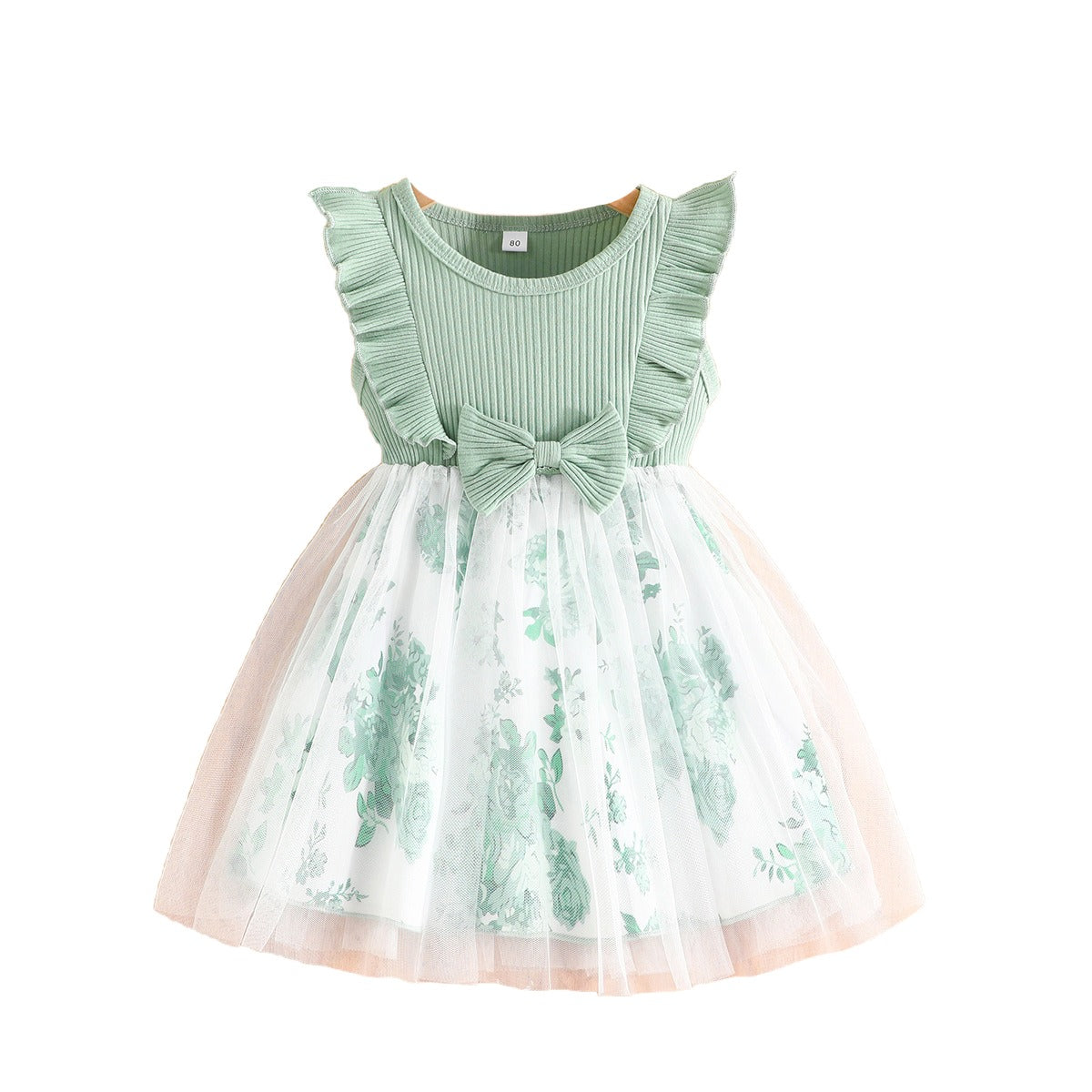 Girls Green & White Floral Printed Fit & Flare Dress