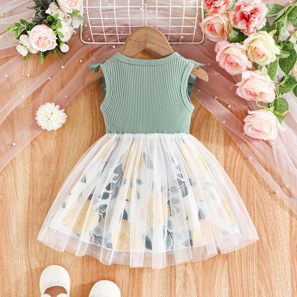 Girls Green & White Floral Printed Fit & Flare Dress