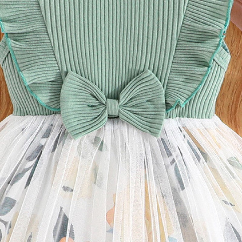 Girls Green & White Floral Printed Fit & Flare Dress