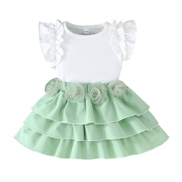 Girls Round Neck Flared Sleeves Top With Skirt