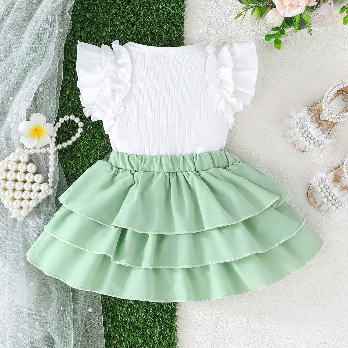 Girls Round Neck Flared Sleeves Top With Skirt