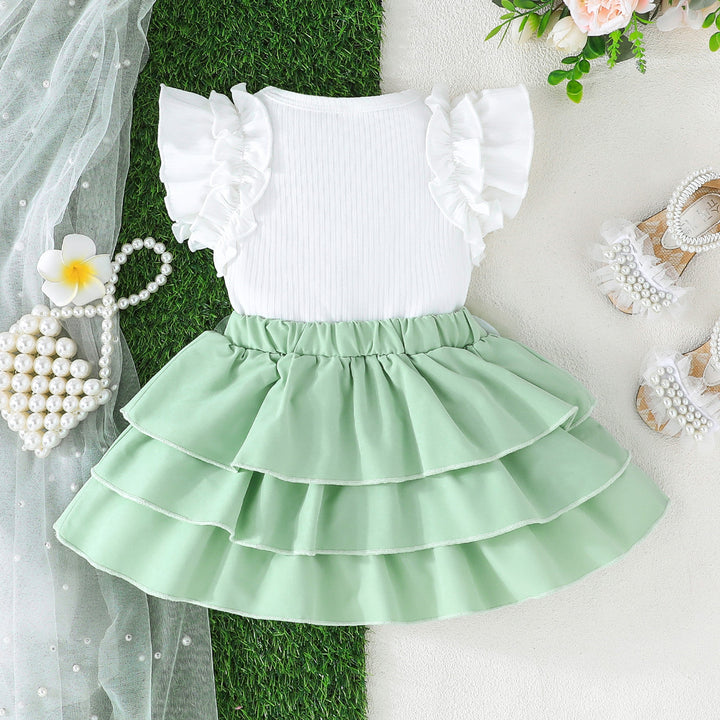 Girls Round Neck Flared Sleeves Top With Skirt