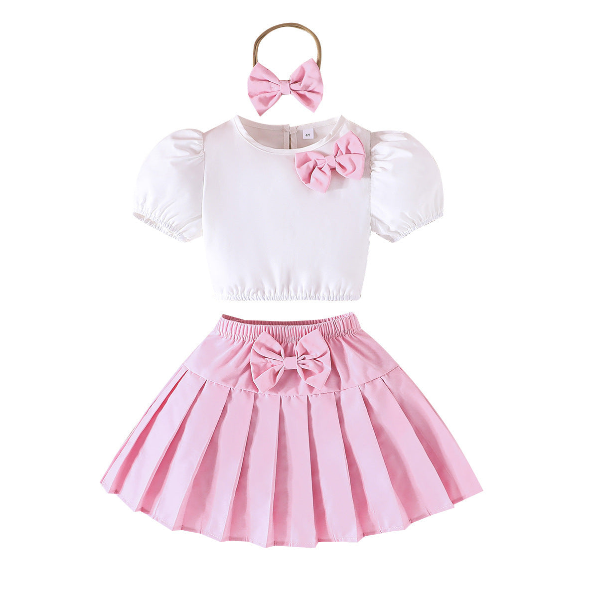 Girls Round Neck Puffed Sleeves Top With Skirt